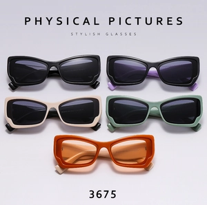 Detailed row of retro cat-eye sunglasses in various colors with thick frame accents