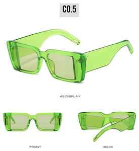 Mehrere Ansichten der neongrünen transparenten Sonnenbrille mit breitem Rahmenbügel