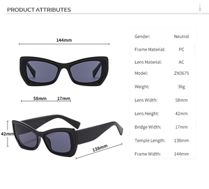 Detailed size specifications for square frame sunglasses with PC frame and AC lens
