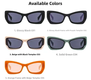 Five color options of retro cat eye sunglasses in black, green, and contrast color frames