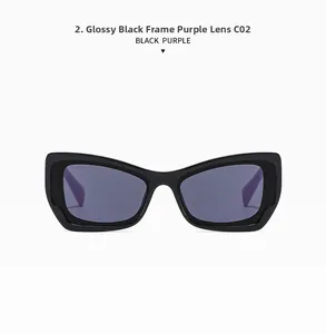 Detail of square sunglasses with shiny black frame and purple temples for women