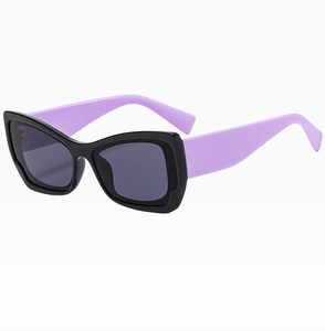 Detail view of retro cat-eye sunglasses featuring black frame and lavender temples