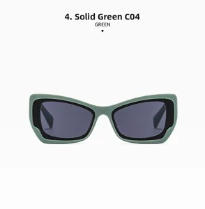 Detail view of morandi green cat-eye sunglasses with contrasting black inner lining