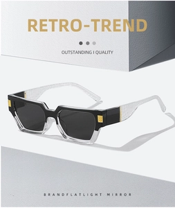Detail of square glasses with transparent crocodile texture temples and gold hardware