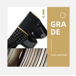 Detailed view of black crocodile texture temples with gold metal trim on sunglasses