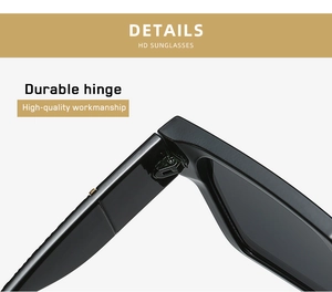 Close-up of durable metal hinge on stylish black square frame oversized sunglasses