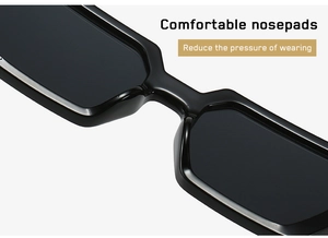 Close-up of comfortable nose pads on black square frame sunglasses to reduce pressure