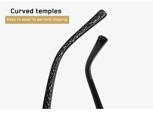 Detail of black sunglasses curved temples with woven texture and smooth finish options