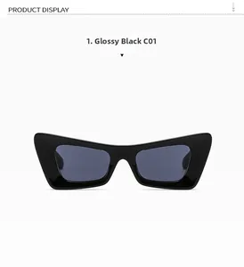 Vue détaillée de lunettes de soleil œil-de-chat en croissant noir brillant aux verres gris