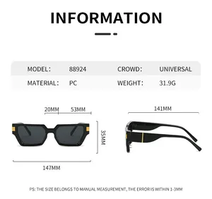 Detailed dimension chart showing frame size and weight for black square sunglasses