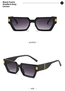 Detail of square sunglasses with black frame, gray lenses and golden hinge texture