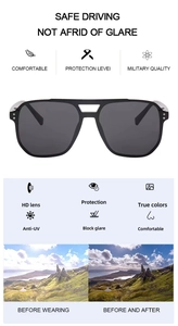 Detail view of black aviator sunglasses with HD lenses and double bridge frame design
