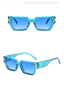Detail view of blue square sunglasses featuring crocodile-patterned temples and gold hardware