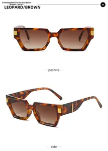Detail view of leopard frame sunglasses with gold hinges and brown gradient lenses