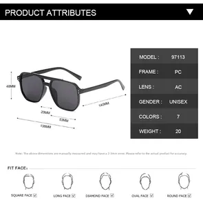 Detailed dimension chart showing frame width and lens height for oversized black sunglasses