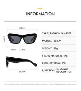Detailed size specifications for fashionable black cat eye sunglasses made of durable PC plastic
