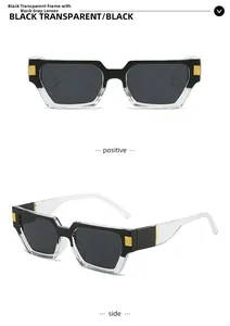 Detail of square black transparent frame sunglasses with golden grid metal hinge accents