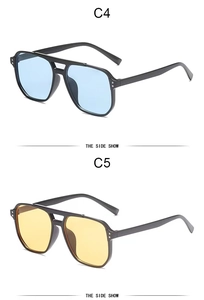 Side view of aviator style sunglasses in black frames with blue and yellow lenses