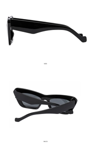 Side and back view of trendy black cat eye sunglasses with thick rectangular frame