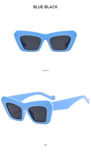 Detailed front and side views of blue cat-eye sunglasses with dark black lenses