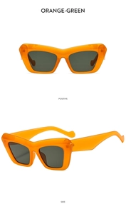 Front and side view of vintage cat-eye sunglasses with orange frames and green lenses