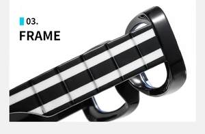 Detailed view of glossy black eyewear frame with bold white stripes on the temple