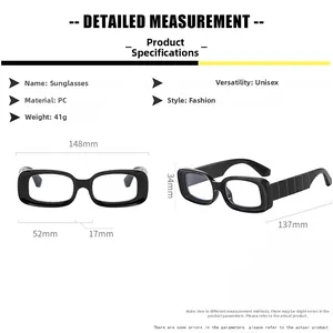 Detailed size specifications and dimensions chart for hip-hop square frame glasses