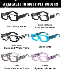Detailed grid showing six stylish colorful rectangular eyewear frames in various patterns