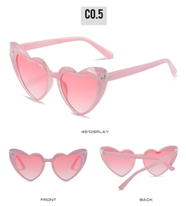 Viste dettagliate di occhiali da sole a cuore rosa con lenti sfumate ed effetto jelly