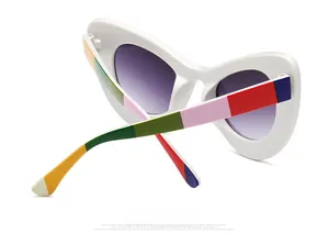 Rear view of oversized retro sunglasses with purple gradient lenses and colorful temples