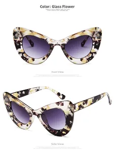 Front and side view of cat-eye sunglasses with colorful tortoiseshell frames and purple lenses