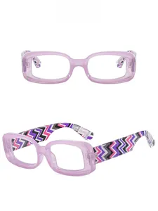 Detail of light purple rectangular glasses featuring vibrant colorful zigzag patterns on temples