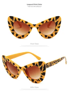 Detailed front and side view of cat-eye sunglasses with yellow leopard print and gradient lenses