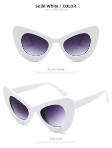 Detailed front and side view of white cat-eye sunglasses with purple gradient lenses
