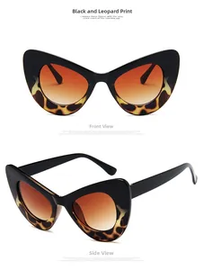 Detail view of cat-eye sunglasses with black and leopard print frame and orange gradient lenses