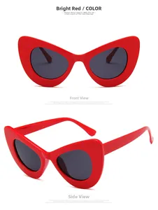 Detailed views of red retro cat eye sunglasses showing front and side profile perspectives