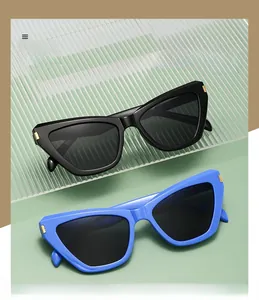 Détail de lunettes de soleil œil-de-chat avec monture épaisse et accents métalliques dorés