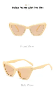 Vues détaillées de face et de profil de lunettes de soleil œil-de-chat beige avec verres thé