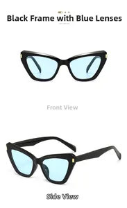 Vues de face et de côté de lunettes œil de chat monture noire et verres bleu clair