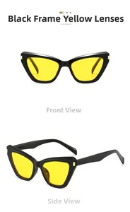 Vue de face et de profil de lunettes de soleil œil de chat à monture noire et verres jaunes