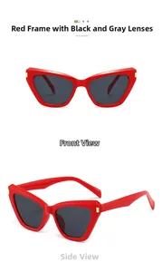 Détail de lunettes de soleil œil-de-chat rouges avec verres gris et accents dorés