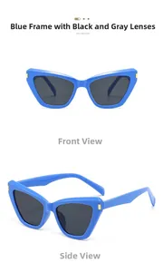 Lunettes de soleil œil de chat bleues avec verres noirs, vues de face et de profil