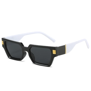 Retro square black sunglasses with white crocodile texture temples and gold metal accents