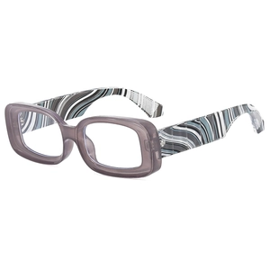 Retro purple translucent square frame glasses with wavy pattern temples on white background