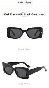 Detail of rectangular black sunglasses featuring golden star studs on a high-quality frame