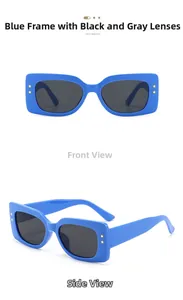 Front and side views of blue square sunglasses with gold star rivets and dark lenses