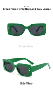 Detail of green square sunglasses with golden star rivets and dark grey lenses