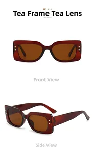 Detail view of retro brown rectangular sunglasses with star studs and translucent frame