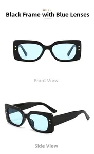 Front and side view of black square sunglasses with blue lenses and star rivets