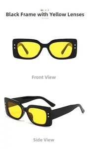Detail view of black square sunglasses with yellow lenses and gold star rivets